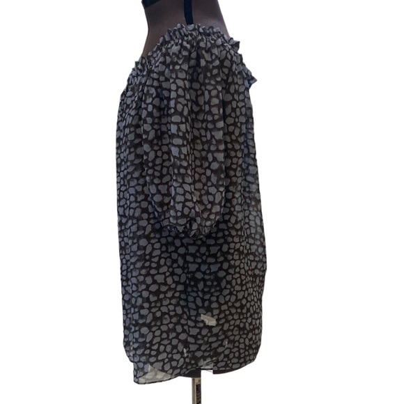 Moda International Womens Sheer Blue/Black Beaded Blouse Sz L V-Neck Puff Sleeve - Picture 5 of 9